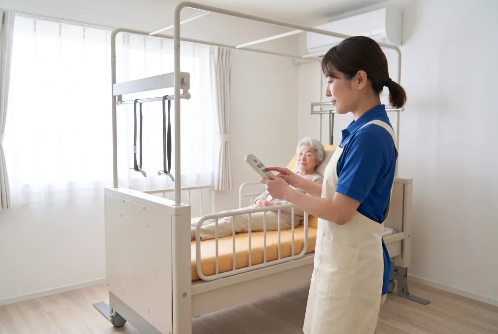背筋を伸ばした自然な姿勢でリモコンを操作する介護スタッフ