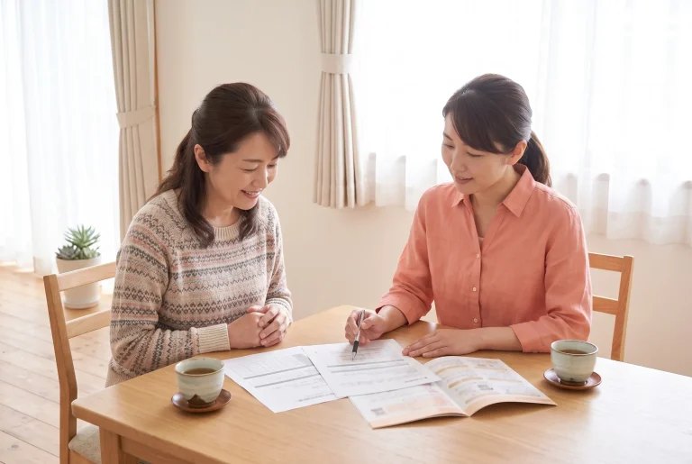 専門スタッフが書類を見ながら、ご家族に利用できる制度を説明している様子
