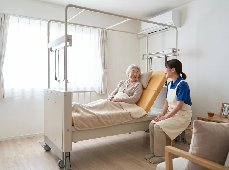 介護施設でウェルケアベッドを利用されている入居者様と、寄り添う介護スタッフ